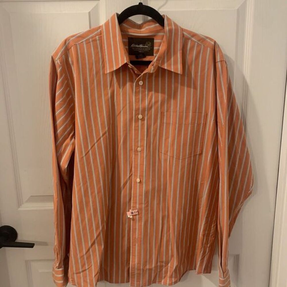 Eddie Bauer Orange Striped Mens L‎ Button Down Long Sleeve Shirt